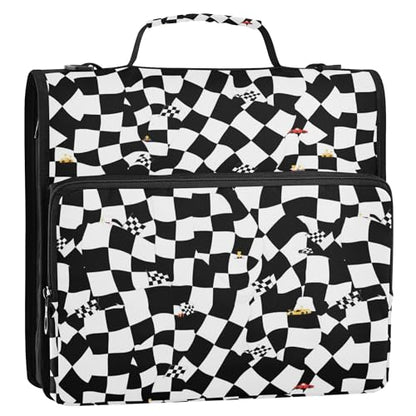 Racing Event Checkered Flag Black Zipper Binder Organizer with Handle Multi-Pocket 1.5 Inch 3 Rings Portfolio Binder Bag Home Travel Cards Storage Container - color: Racing Event Checkered Flag Black