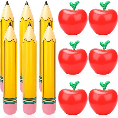 SAYAYA 6 Pcs Large Inflatable Pencil Balloons and 6 Pcs Large Inflatable Red Apple-Shaped Balloons Back to School Hanging Decor for Classroom Garden Room Birthday Party Decorations - style: Pencil & Red Apple
