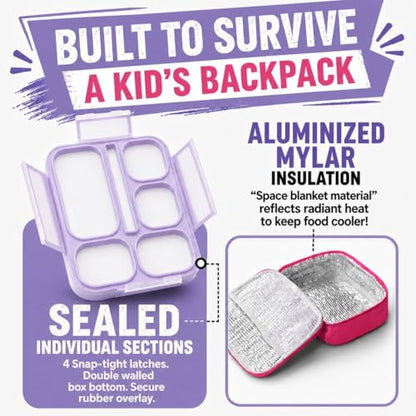 kinsho Lunch Boxes for Kids Girls Teens - Bento Box Set of 2 with Insulated Bag & Ice Pack, 6 Compartment Leak Proof Container, BPA-Free, Microwave Safe, Ideal for School & Work, Pink & Purple - color: Lilac + Pink