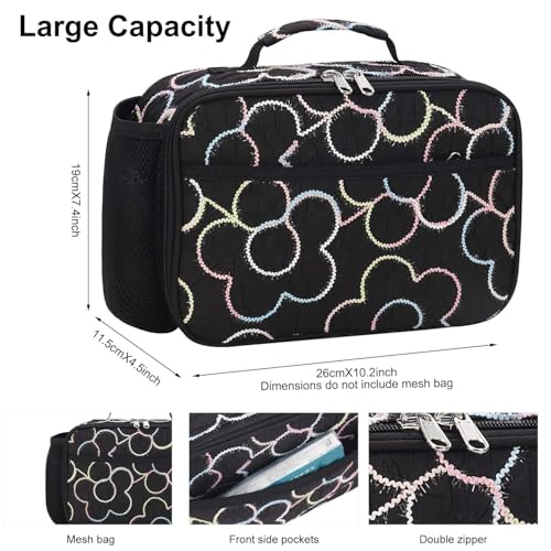 RHCPFOVR Kids Lunch Bag - Insulated Lunch Box for Boys Girls,Washable Lunch Bag and Reusable Toddler Leak-proof Lunchbox for School and Daycare - color: Black embroidered flowers