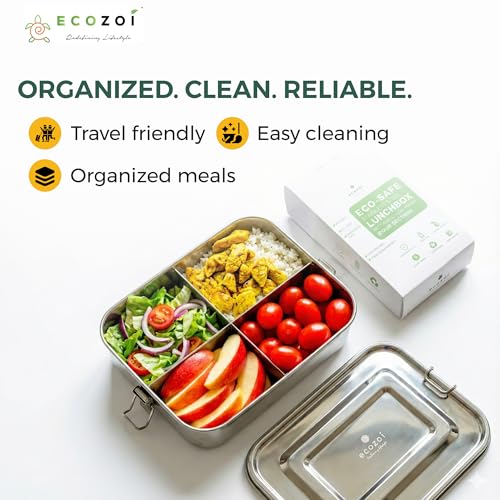 ecozoi Stainless Steel Bento Lunch Box for Adults & Kids, 4 Compartment Leak Proof 50 Oz, BPA-Free Dishwasher Safe, Eco-Friendly and Plastic-Free Lunch Container for School, Work and Meal Prep - size: 4 Compartment 50 Oz