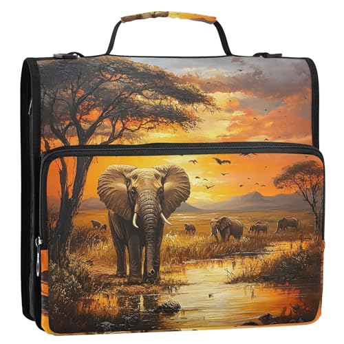 3 Ring Zipper Binder with Shoulder Strap Sunset Bird Elephant 2 Inch Zippered Binder Bag 500 Sheet Capacity Multi Pockets for School Supplies - color: Multi21