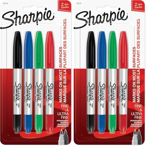 SHARPIE 32174PP Twin Tip Permanent Markers, Fine and Ultra Fine, Assorted Colors, 4 Count (Pack of 2) - size: 4 Count (Pack of 2)