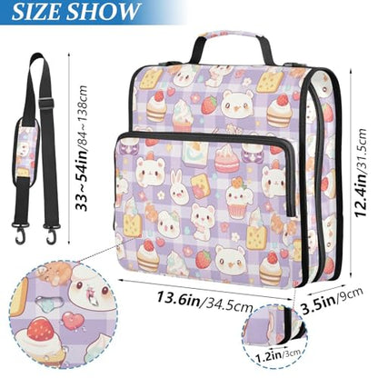 Kawaii Cartoon Zipper Binder 3 Ring Binder 1.5 Inch with Zippers Shoulder Strap & Handle Binders Organizer Bag - color: Blue Plaid