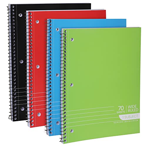 Manaloom Spiral Notebooks, 1-Subject Notebook, Wide Ruled Notebooks - 70 Sheets - 3 Hole Punched, Subject Notebooks for School Classroom, Home, Office - Perforated Pages, Assorted Colors - (4 Pack) - style: 4 Pack