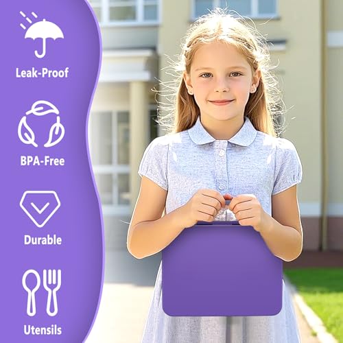 Kids Bento Lunch Box with Ice Pack, 5 Compartments Leak-Proof Bento Box with Utensils, 5.5-Cup Capacity for Adults & Ages 8+, BPA Free, Microwave & Dishwasher Safe, Purple - color: Purple