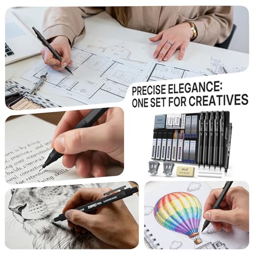 WUO Metal Mechanical Pencil Set, 5-Pack 0.5mm 0.7mm 0.9mm 2.0mm Drafting Pencils with 432 Lead Refills, Precision Eraser Pen, Erasers & Sharpeners for Drawing, Sketching, Writing - color: Black, size: 0.5/0.7/0.9/2.0