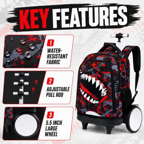3Pcs Large Rolling Backpack for Boys, 20 Inch Detachable Light Up Wheeled Bookbag with Lunch Box, Durable Graffiti Shark Roller Backpack for Elementary Middle School (Red) - color: Large Wheels Mouth Red