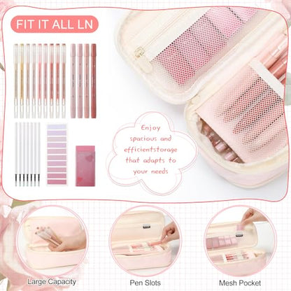 Eersida 74 Pcs Aesthetic School Supplies with Large Pencil Pouch 5 Ink Gel Pens 12 Highlighters 6 Mechanical Pencils 0.5mm 9 Color Pens 4 Note Pads Set for Student Stationary(Pink,Cute Style) - color: Pink, style: Cute Style