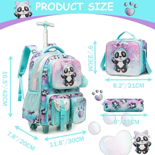 Meetbelify Kids Rolling Backpack with Wheels for Girls Rolling Backpacks with Lunch Box for Elementary School Students 3 in 1 Cute Panda Travel Luggage Suitcase for Girls Age 8-10 - color: Girl Panda
