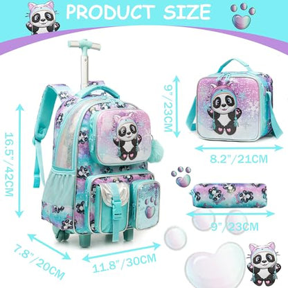 Meetbelify Kids Rolling Backpack with Wheels for Girls Rolling Backpacks with Lunch Box for Elementary School Students 3 in 1 Cute Panda Travel Luggage Suitcase for Girls Age 8-10 - color: Girl Panda