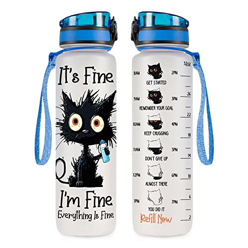 34HD Crazy Cat Water Bottle 32 oz with Time Marker, Funny Cat Lover Gifts for Women, It's Fine Everything Is Fine, Tritan Motivational Water Bottles - color: Everything Is Fine