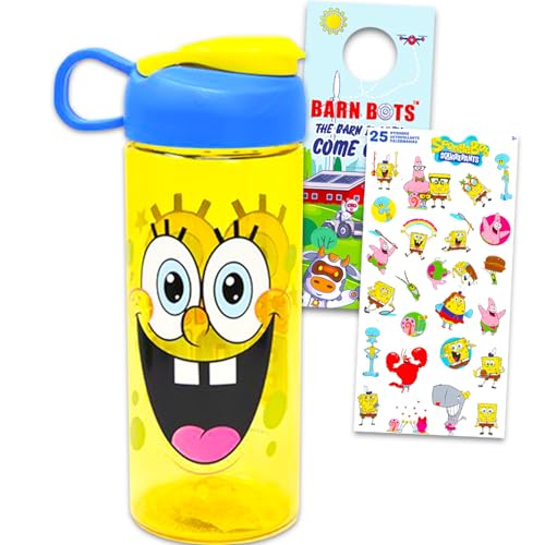 Nickelodeon SpongeBob SquarePants Water Bottle Bundle - 16.5 Oz Reusable Plastic SpongeBob Water Bottle for Kids, Boys, Girls - School Supplies Set with Stickers, Barn Bots Door Hanger