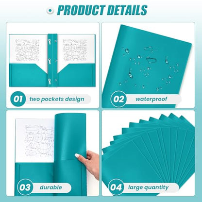 Yeaqee 60 Pcs Plastic Folders with Pockets and Prongs Plastic Folder 2 Pockets 3 Prongs with Business Card Slot Back to School Folders for Students, Teachers, Office Workers (Turquoise)