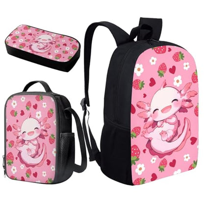 Axolotl Strawberry Kids Backpack Set Girls 3 PCS Kids Backpack with Lunch Bag Pen Bag Set Large Capacity Bookbag Casual Daypack Elementary School Boys and Girls - color: Cute Axolotl Strawberry