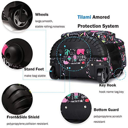Tilami Rolling Backpack 18 inch Wheeled Backpack School College Student Travel Trip Boys and Girls - color: Ins Black