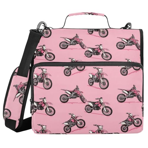 Fisyme Dirt Bike Motocycles Zipper Binder 3 Ring with Zipper and Shoulder Strap Large Capacity Multi-Pocket Binder Organizer - color: Multi-light Pinks