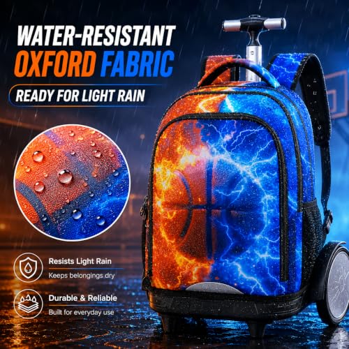 AGSDON Quiet Rolling Backpack with Lunch Box Set – Large‑Wheel Water‑Resistant Wheeled Bag for School, Outings, and Travel | Fire-Lightning Basketball 3‑Piece Organizer Backpack - color: Big Wheel Roller Bookbag Fire-lightning Basketball