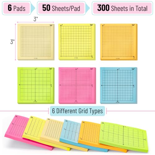 Mr. Pen- Graph Sticky Notes, 3x3 Inch, 6 Pads, 50 Sheets/Pad, 300 Sheets | 6 Grid Designs, Bright Colors, Square Graph Paper Notes, Grid Sticky Note Pads for Math, Study, Journals, Planners - color: Bright