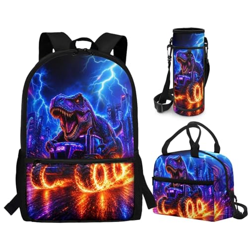 CLOHOMIN Dinosaur Kids Bookbag and Lunch Bag Set 3 Piece Tractor School Backpack with Lunch Box and Water Bottle Sling Bag Elementary School Bags for Boys 12-14 Student Book Bag - color: Dinosaur Tractor