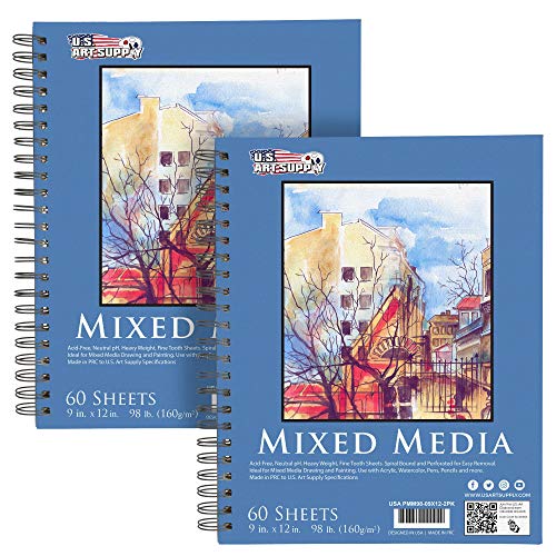 U.S. Art Supply 9"x12" Mixed Media Sketchbook, 2 Pack (60 Sheets), 98 lb (160 GSM) - Spiral-Bound Pad with Perforated Acid-Free Paper - Artist Sketch Book for Drawing, Painting, Watercolor - size: 9-x-12-inch