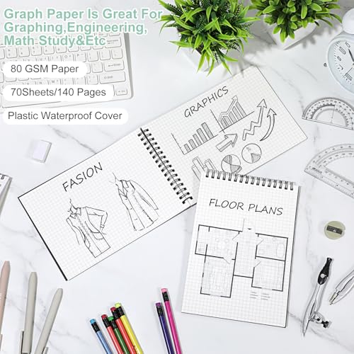 Engrowtic 2 Pack Graph Paper Spiral Notepad A5 Top Wirebound Notepad Grid Notebook Steno Pad Memo Notebook Grid Paper 140 Pages for Writing Sketching Drawing Office Supply (Black Plastic Cover) - color: Black Plastic Cover