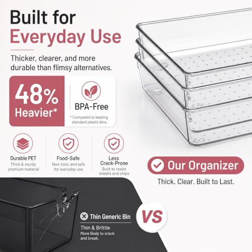 12 Pack Large Drawer Organizer Bins - Clear Plastic Bathroom Drawer Organizer Trays - Heavy Duty Kitchen Drawer Dividers for Utensils - Non-Slip Storage Bins for Makeup, Bedroom, Office Desk - size: 12 Pack
