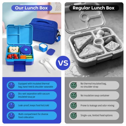 Bento Lunch Box Set for Kids with 8.5oz Hot Food Jar Leak-Proof Lunch Food Container with Insulated Lunch Bag for Toddlers Girls Boys Teens to School, Office, Picnic, Camping, Travel - Blue - color: Blue