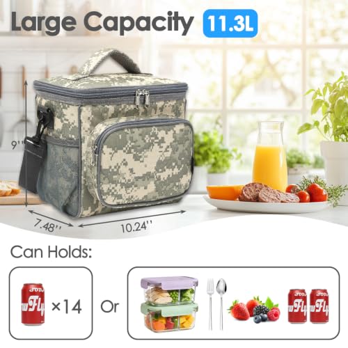 FlowFly Insulated Reusable Lunch Bag Adult Large Lunch Box for Women and Men with Adjustable Shoulder Strap,Front Zipper Pocket and Dual Large Mesh Side Pockets,DigitalCamo - color: DigitalCamo