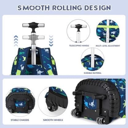 Rolling Backpack for Boys, 3PCS Roller School Backpacks for Boys with Lunch Bag and Pencil Pouch, Kids Bookbag School Bag with Wheels for Kindergarten Elementary Middle School Travel - color: Green Dinosaur