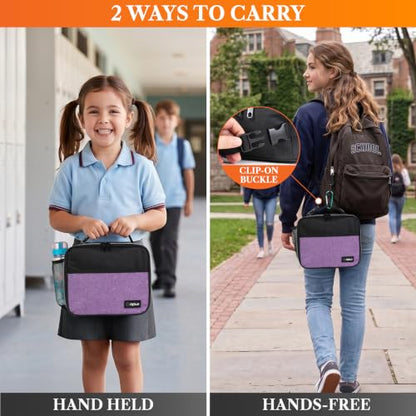 opux Insulated Lunch Bag for Kids, Reusable Lunch Box for School with Leakproof Lining, Compact Soft Cooler Tote for Boys & Girls, Front Pocket, Mesh Side Bottle Holder (Heather Purple) - color: Heather Purple