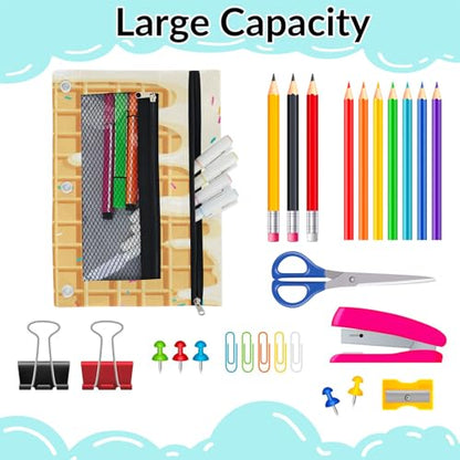 Waffle Cookies Pencil Pouch for 3 Ring Binder White Ice Cream Pencil Case Bag with Clear Window Zipper Pockets for Kids Girls Boys Students School College Supplies 2 Pack - color: White