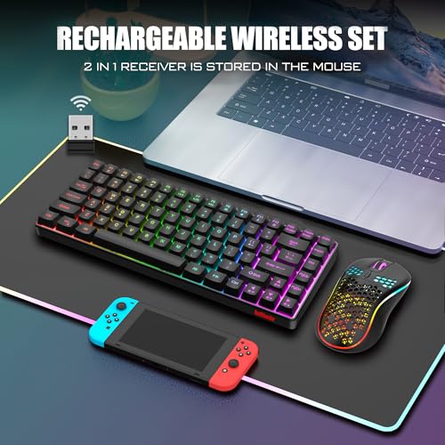 RedThunder K84 Wireless Keyboard and Mouse Combo, Rainbow Backlit Rechargeable Battery, 75% Layout TKL Ultra Compact Gaming Keyboard & Lightweight 3200 DPI Honeycomb Optical Mouse (Black) - color: Black