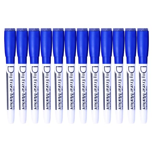 Volcanics Magnetic Blue Dry Erase Markers with Eraser, Fine Tip, 12 Pack | Low Odor Whiteboard Pens for Whiteboards, Glass, Calendars, Office, Classroom, School, Home, Easy Erase, Quick Dry Ink - color: Blue, size: 1 Count (Pack of 12)