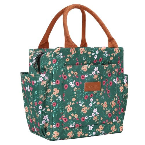 Joymee Insulated Lunch Bag for Women Reusable Leakproof - Green Floral | Spacious Storage, Bottle Holder & Pockets, Leakproof Insulated, for Work, Travel, Picnic, Daily Use, for Adult - color: 04 Green Floral