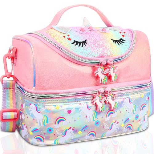 RHCPFOVR Kids Lunch Bag - Double - Decker Cooler Insulated Lunch Box for Boys Girls,Washable Lunch Bag with Strap and Reusable Toddler Lunchbox for School and Daycare - color: Pink Unicorn