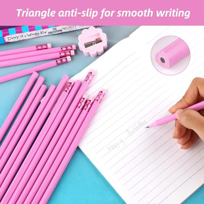 24 Pcs Rose Red Triangular Grip HB Graphite Pencils with Erasers and Sharpener,Wooden Cased Pencils for Kids,Cute School Supplies for Classroom,Teacher Supplies,Drawing,Sketching,Party Favors - color: Rose Red