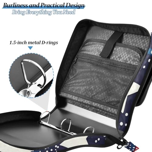 4th of July Circles Point Stars Blue Zipper Binder 3 Ring 1.5 Inch School Binder Organizer with Shoulder Strap Handle File Folder Pockets Large Capacity Students Girl Boy Men Office Work - color: 4th of July Circles Point Stars Blue