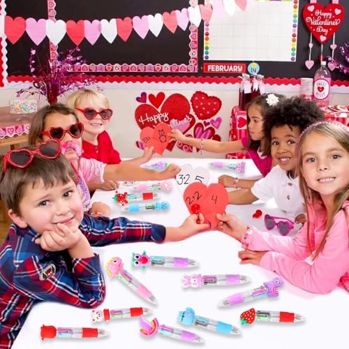 Vellibring 24PCS Valentines Fun Pens 0.7mm Cute Animal Multicolor Ballpoint Pens Retractable 4 Colors in One Valentines Stationery Party Favors School Supplies Students Rewards - style: Valentines-24pcs