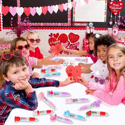 Vellibring 24PCS Valentines Fun Pens 0.7mm Cute Animal Multicolor Ballpoint Pens Retractable 4 Colors in One Valentines Stationery Party Favors School Supplies Students Rewards - style: Valentines-24pcs