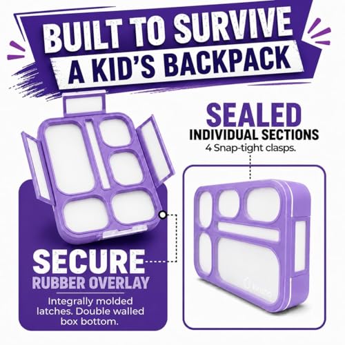 kinsho Bento Box for Kids Women - 6 Compartment, Leak-Proof Lunchbox for School, Portion Control & Meal Prep Containers, Reusable, BPA-Free Snack Container - Includes Utensil Set & E-Book, Purple - color: Lilac
