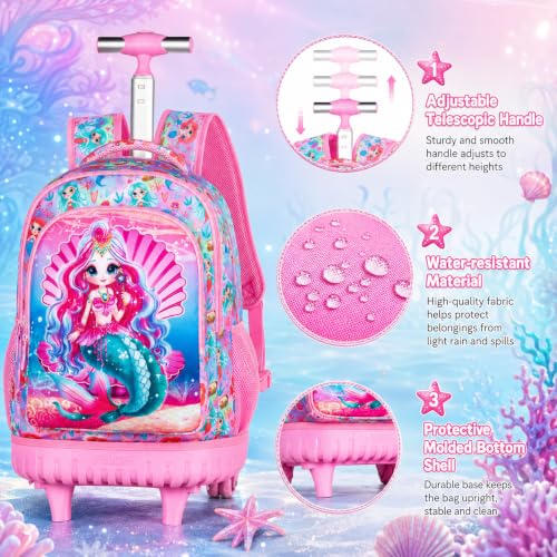 3PCS Kids Rolling Backpack, Boys Girls Roller Wheels Bookbag, Wheeled School Bag with Lunch Bag