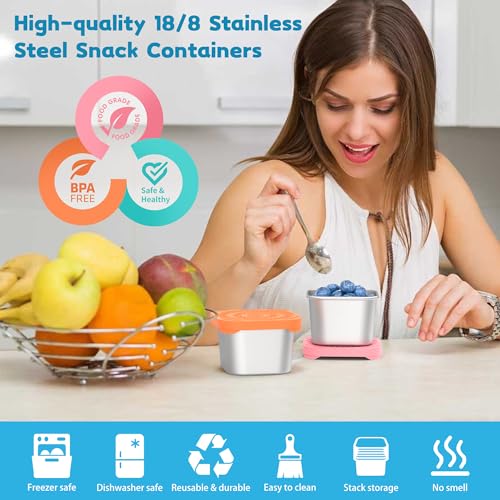 CasaCulina 6 Pack 6oz Stainless Steel Snack Containers, Easy Open Leak Proof Stainless Steel Food Storage Containers with Silicone Lids, Small Metal Lunch Box Container for Office, Travel