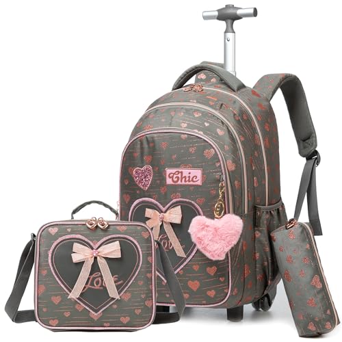 Rolling Backpack for Girls School Backpack with Wheels for Girls Cute Kawaii Travel Roller Wheeled Bookbag Backpacks for Girls with Lunchbox, Brown 01, NO2003 - color: Brown 01