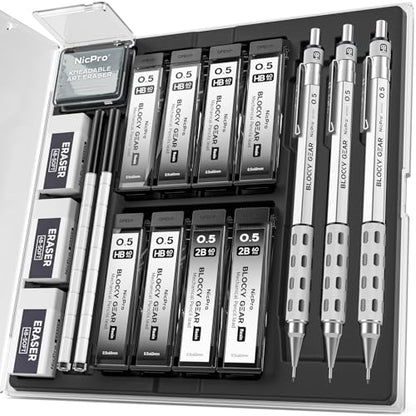 Nicpro 3 Pack Blocky Gear 0.5 mm Metal Mechanical Pencils Set with Case, Lead Drafting Pencil with 8 Tube (480PCS) Lead Refills(HB 2B), 4 Erasers, 18 Eraser Refills for Art Writing, Sketching Drawing - style: 0.5mm