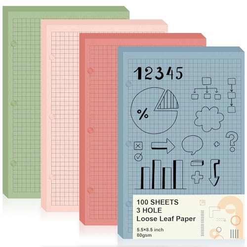 100 Sheets Half Letter 3 Hole Notebook Grid Paper Refill 5-1/2 x 8-1/2 Loose Leaf Paper for Mini Binder Colored Graph Paper Bulk Quad Ruled Graph Paper for Planner Inserts for School Office - style: Graph