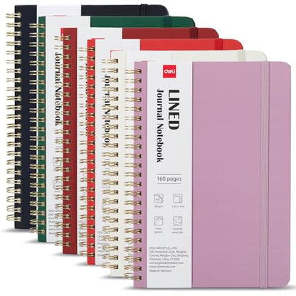 deli 6 Pack Lined Spiral Journal Notebook, 160 Pages, A5 (5.5"x8") Hardcover Writing Notebook, College Ruled Spiral Bound Journal for Women & Men - Perfect for Work, School, Office & Note Taking - color: Beige,Red,Taro Purple,Dark Red,Dark Green,Black, si