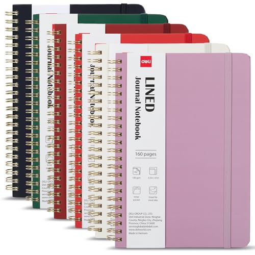 deli 6 Pack Lined Spiral Journal Notebook, 160 Pages, A5 (5.5"x8") Hardcover Writing Notebook, College Ruled Spiral Bound Journal for Women & Men - Perfect for Work, School, Office & Note Taking - color: Beige,Red,Taro Purple,Dark Red,Dark Green,Black, si