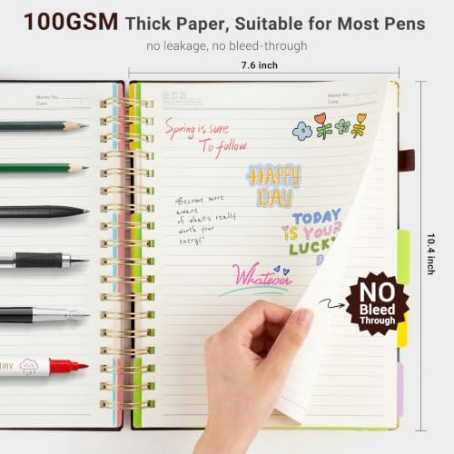 Hardcover Spiral Journal Notebook, 300 Pages 5 Subject Notebook College Ruled with Removable Dividers Tabs, 8" x 10" Notebooks for Work, Spiral Ruled Lined Writing Journal Hardcover Leather Notebook for School (Brown, 8''x 10'') - color: Brown