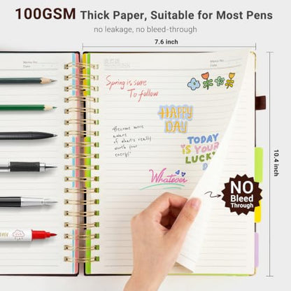 Hardcover Spiral Journal Notebook, 300 Pages 5 Subject Notebook College Ruled with Removable Dividers Tabs, 8" x 10" Notebooks for Work, Spiral Ruled Lined Writing Journal Hardcover Leather Notebook for School (Brown, 8''x 10'') - color: Brown